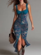 Danae & Melina - Vestido Midi Estampado Floral Azul Estilo Pintura al Óleo con Ribetes de Encaje