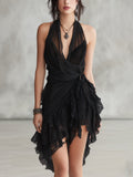 Danae & Melina - Vestido Mini de Encaje Negro con Escote Halter y Volantes