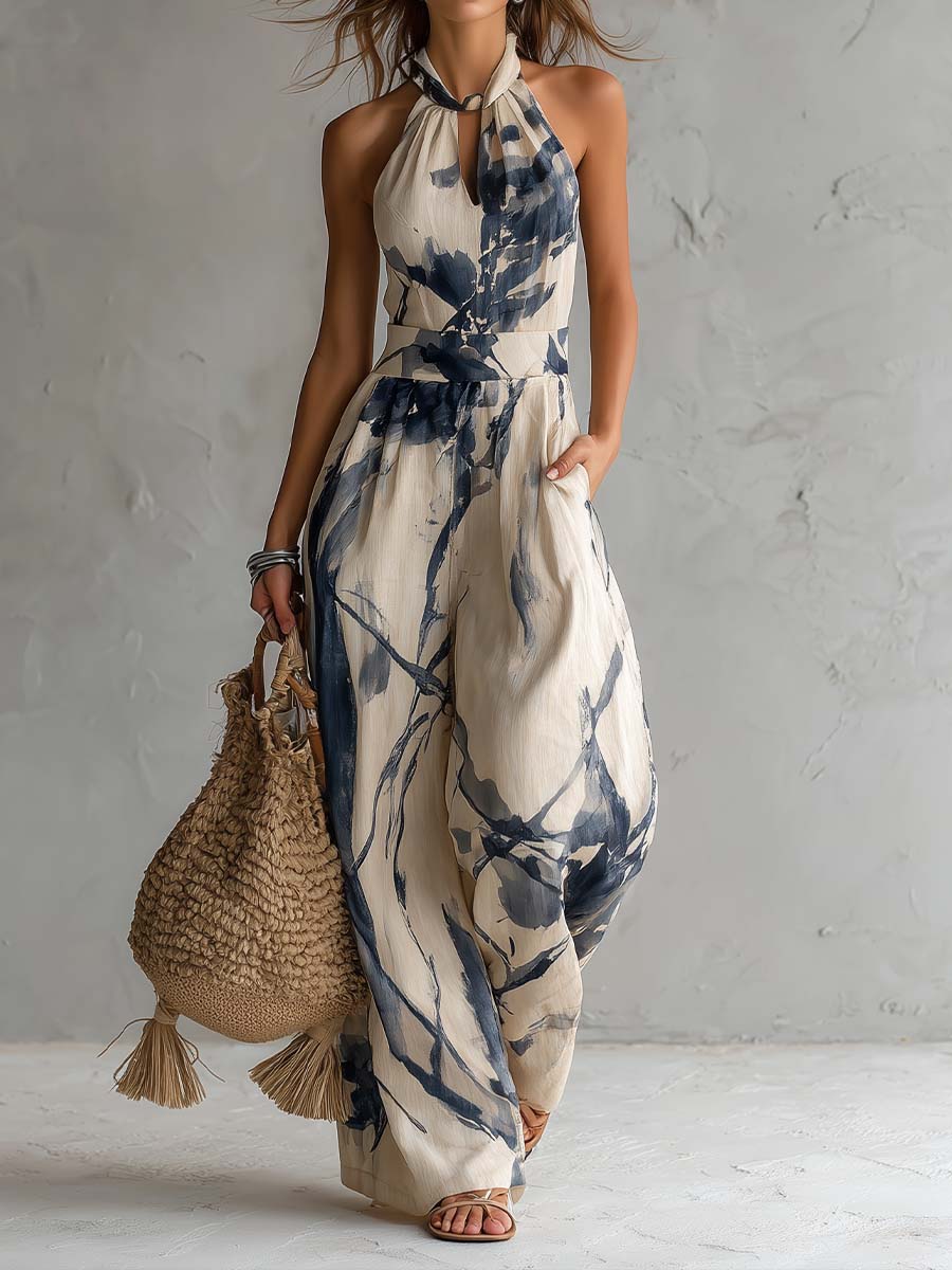 Danae & Melina - Jumpsuit con Escote Halter, Estampado de Tinta y Pantalones Anchos con Bolsillos
