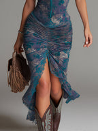 Danae & Melina - Vestido Midi Estampado Floral Azul Estilo Pintura al Óleo con Ribetes de Encaje
