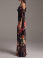 Danae & Melina - Vestido Maxi Plisado en Chifón Estampado Negro de Un Hombro
