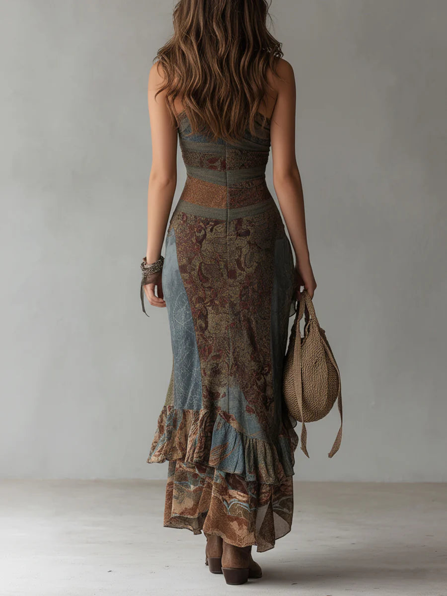 Elena | Vestido Maxi Estampado de Un Solo Hombro con Abertura y Volantes