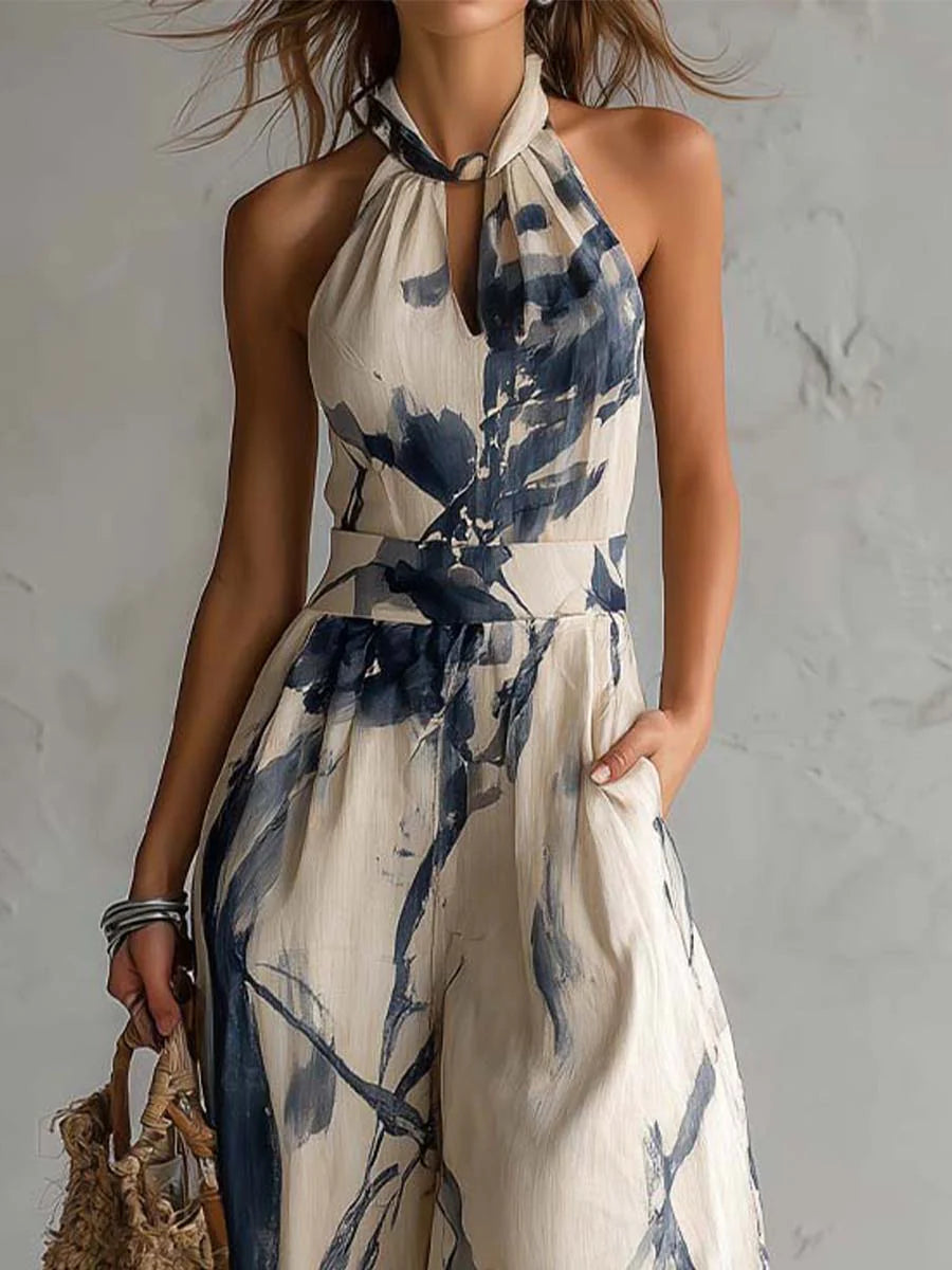 Danae & Melina - Jumpsuit con Escote Halter, Estampado de Tinta y Pantalones Anchos con Bolsillos