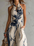 Danae & Melina - Jumpsuit con Escote Halter, Estampado de Tinta y Pantalones Anchos con Bolsillos