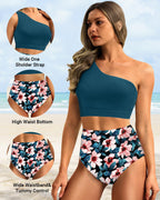 Danae & Melina - Conjunto de bikini de cintura alta con un solo hombro, efecto moldeador - Flor verde azulado