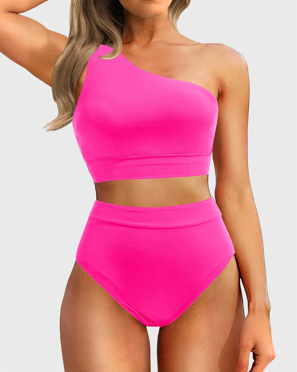 Danae & Melina - Conjunto de bikini de cintura alta con un solo hombro, efecto moldeador - Rosa