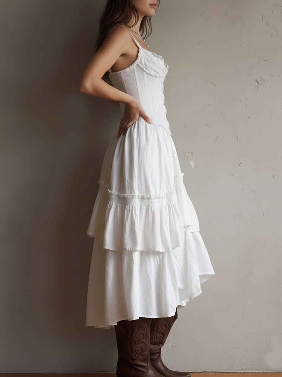 Rhea | Retro Boho Corset Tiered Midi Dress With Lace-Trim