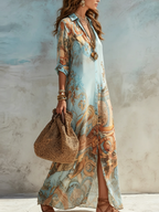 Dafni | Baroque Style Floral Blue Chiffon Maxi Dress