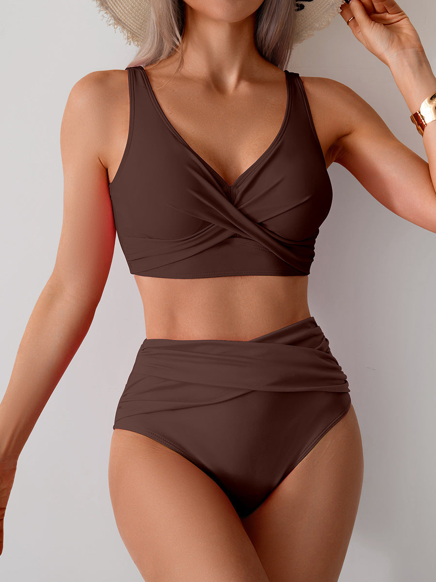 Danae & Melina - Conjunto de bikini de cintura alta plisado de color liso con rellenos extraíbles