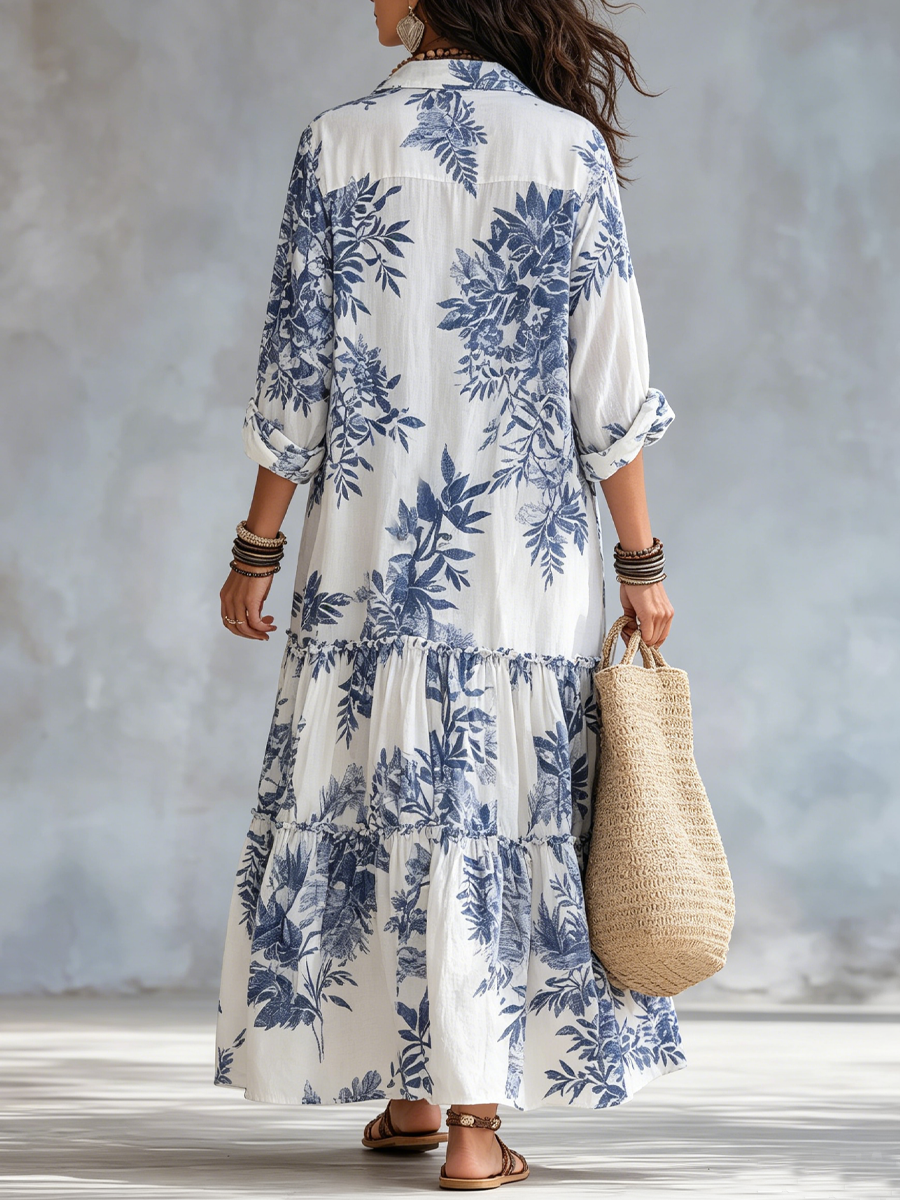 Phoebe | Bohemian Blue Floral Button-down Maxi Dress