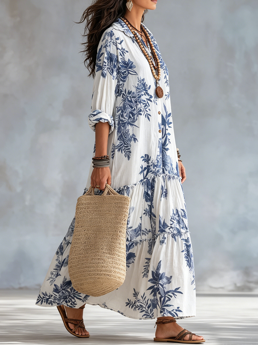 Phoebe | Bohemian Blue Floral Button-down Maxi Dress