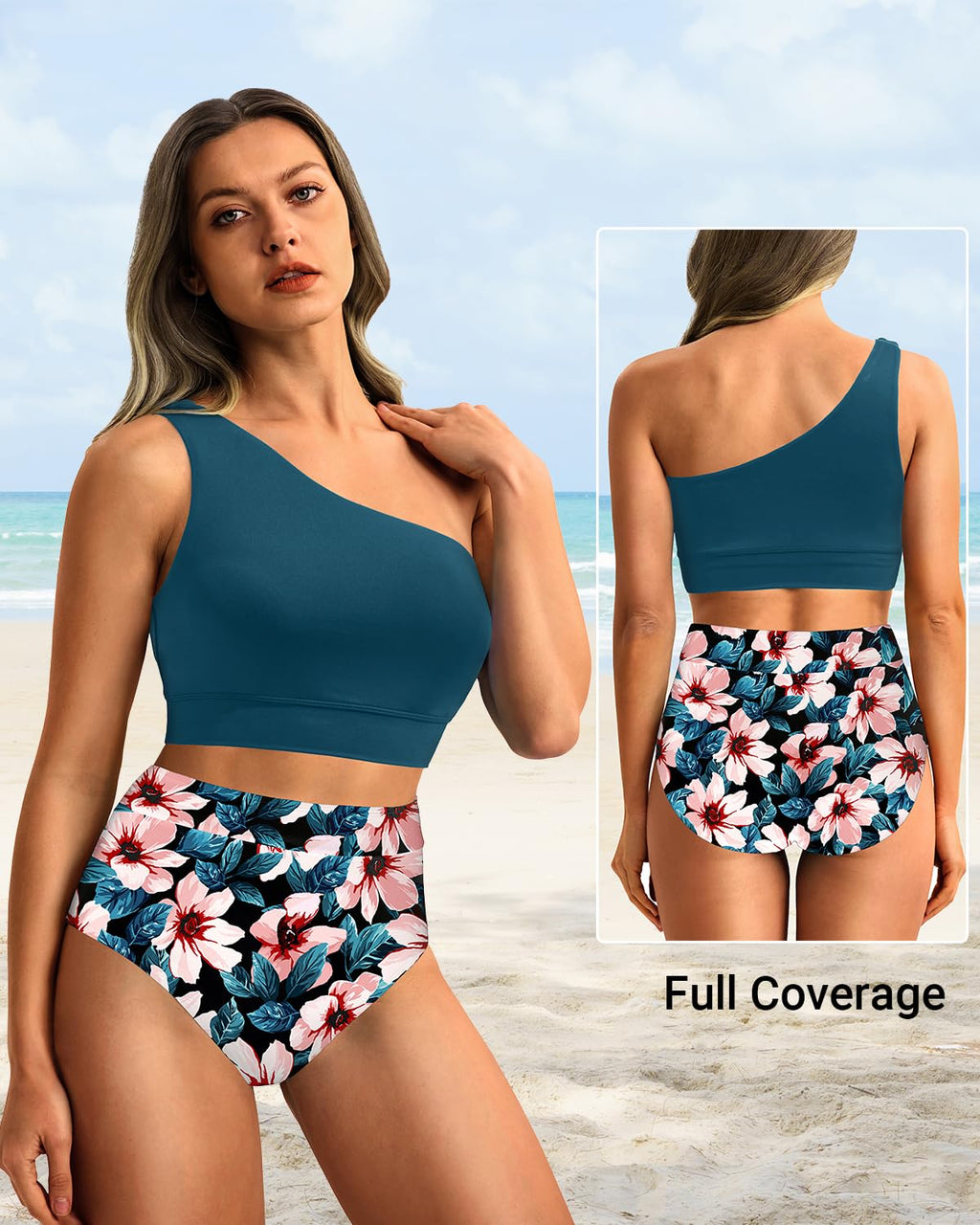 Danae & Melina - Conjunto de bikini de cintura alta con un solo hombro, efecto moldeador - Flor verde azulado