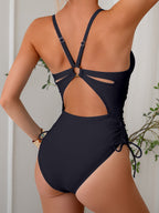 Danae & Melina - Bañadores de una pieza para mujer: bañador de verano para la playa con efecto moldeador, de color liso, con cuello en V y anilla en la espalda