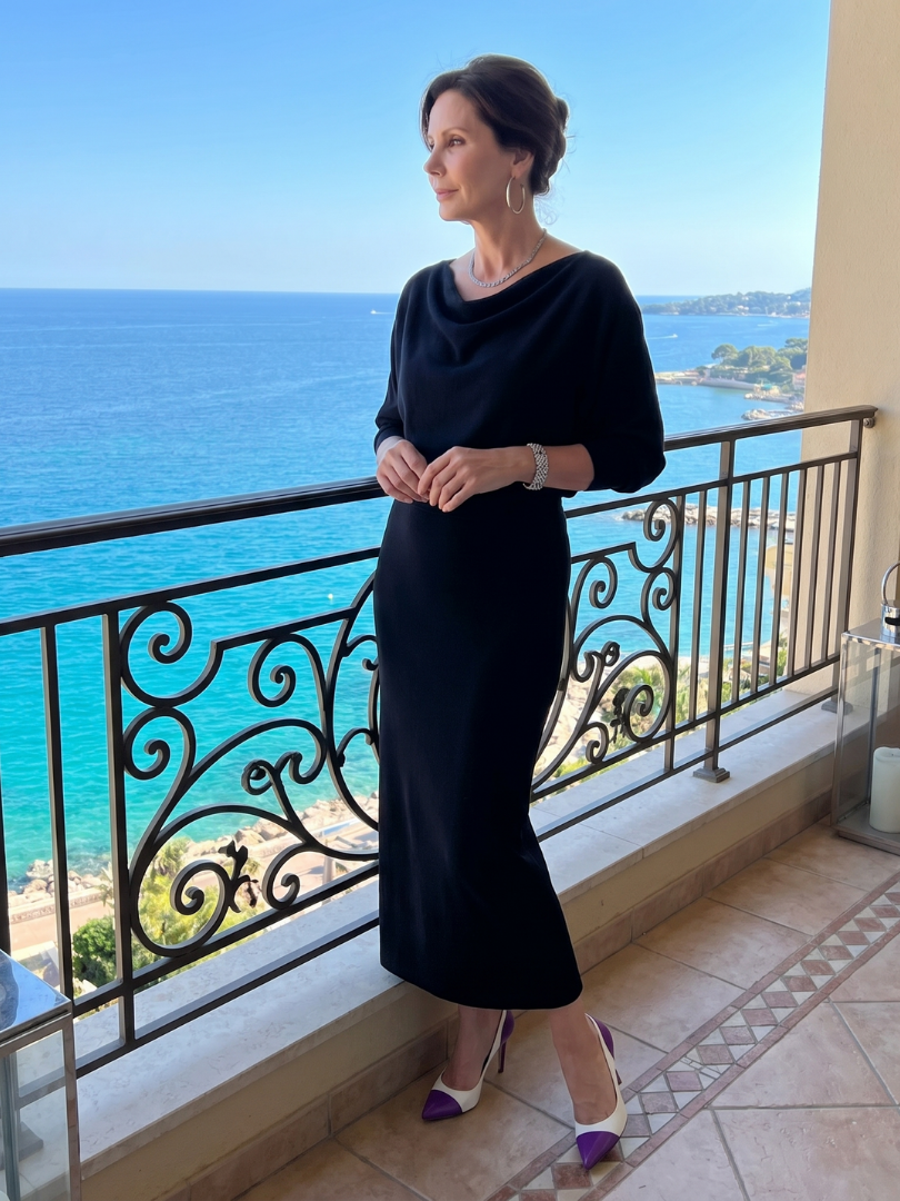 Romy | Μίντι φόρεμα με ντραπέ λαιμόκοψη και εφαρμοστή φούστα