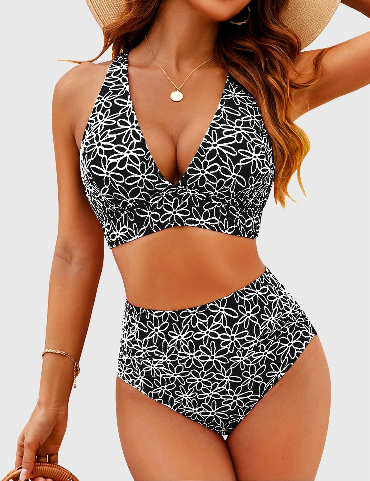 Danae & Melina - Conjunto de bikini de cintura alta con bordado floral, cuello en V y efecto moldeador