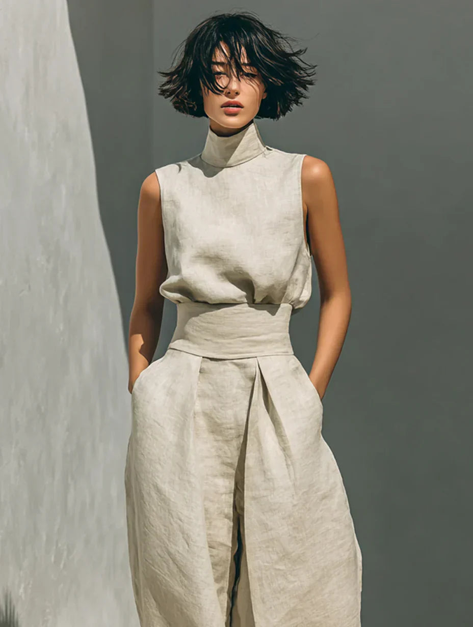 Flor™ | Conjunto minimalista de camiseta sin mangas y pantalón ancho de algodón y lino para mujer