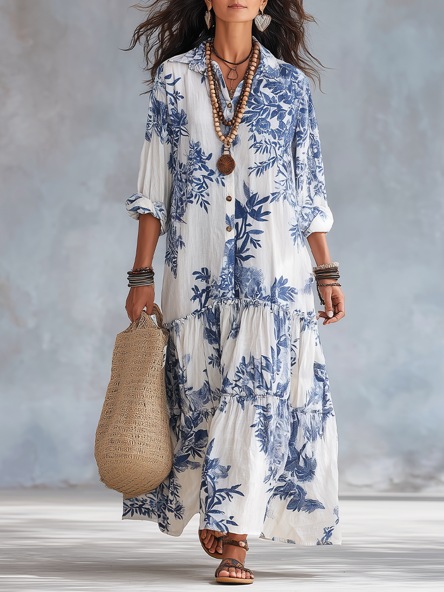 Phoebe | Bohemian Blue Floral Button-down Maxi Dress