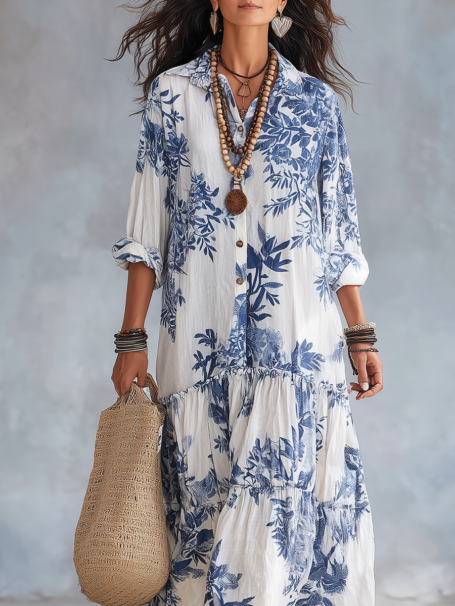 Phoebe | Bohemian Blue Floral Button-down Maxi Dress