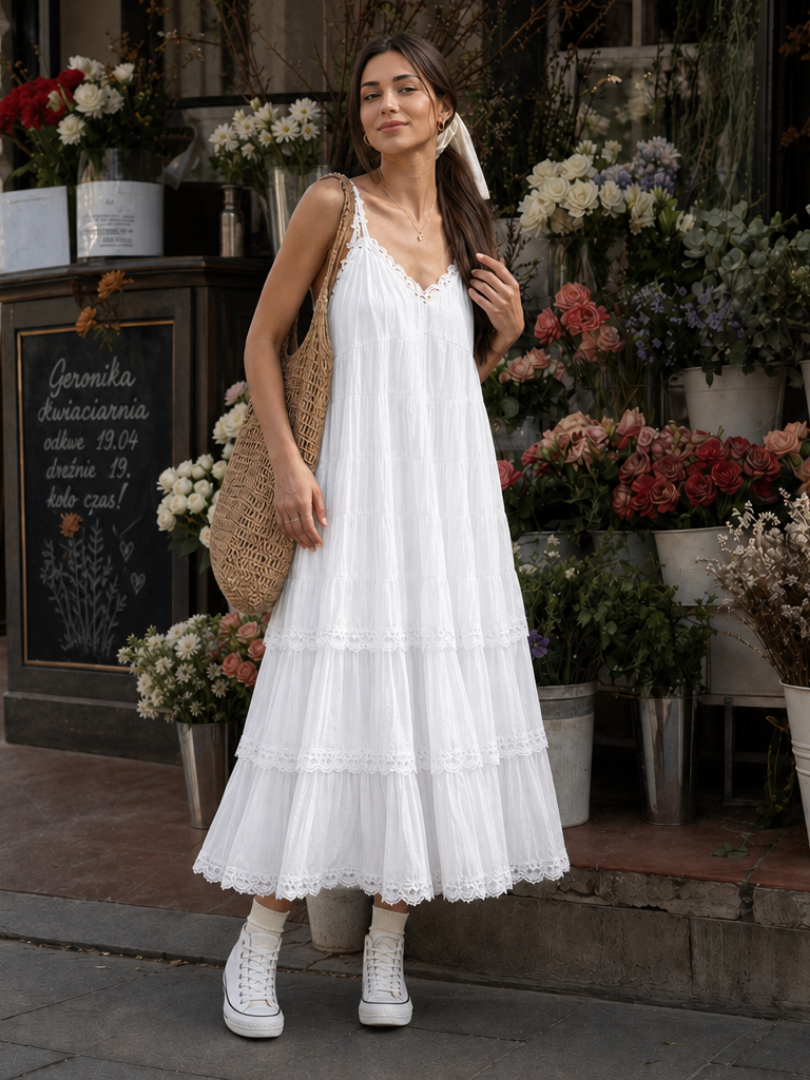 Lorelei | Vestido midi de tirantes finos con capas escalonadas de encaje