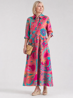 Klera | Vestido midi estampado con cuello camisero y abotonado delantero