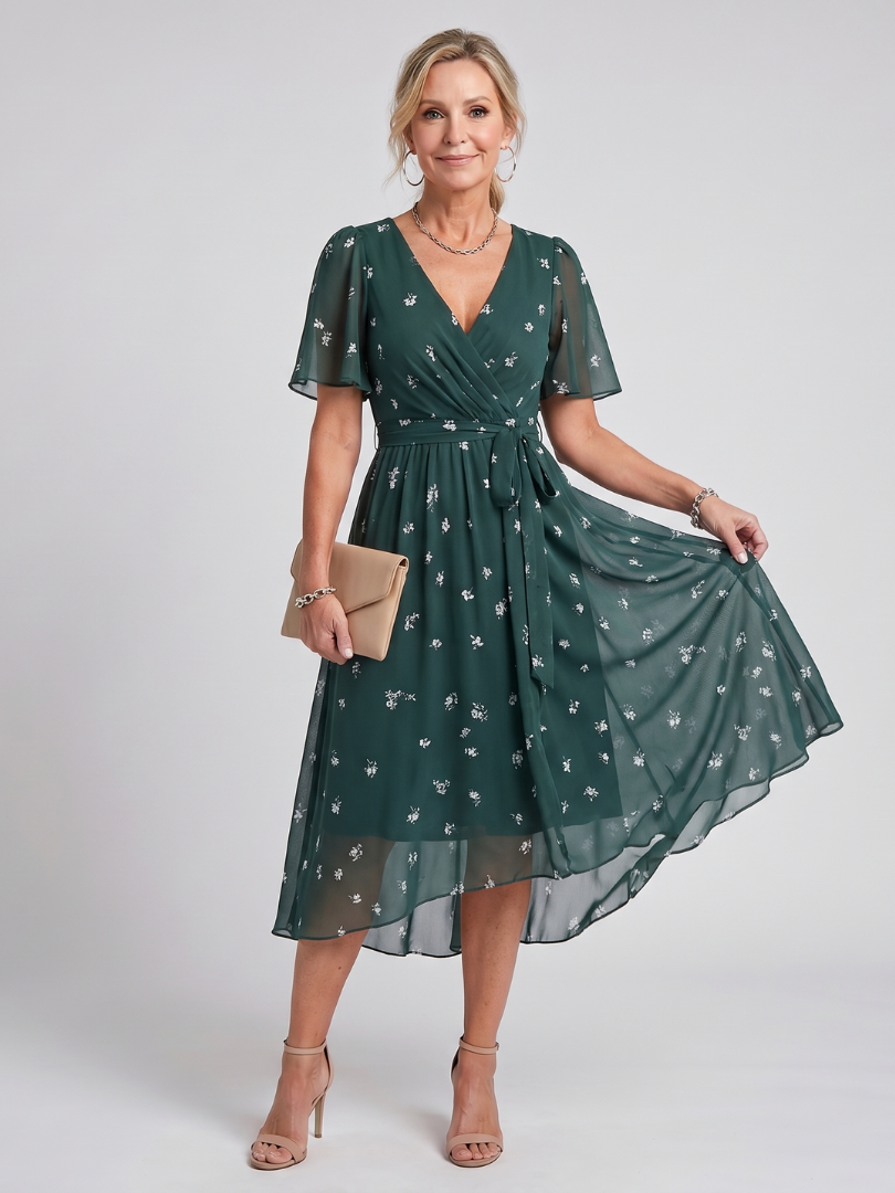 Mirabel | Vestido midi con estampado floral, mangas con volante y cintura fruncida