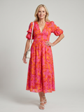 Zarelle | Vestido midi con escote en V y mangas abullonadas, en un estampado floral audaz