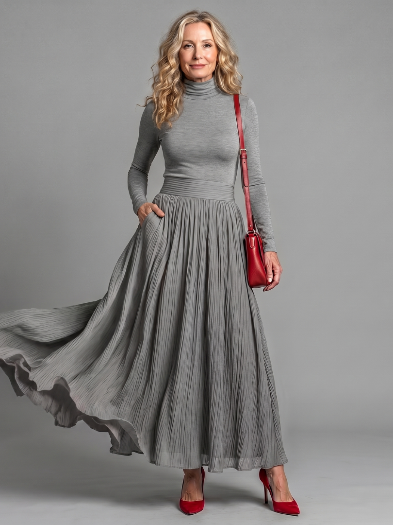 Lana | Vestido midi de manga larga con cuello alto y cintura marcada