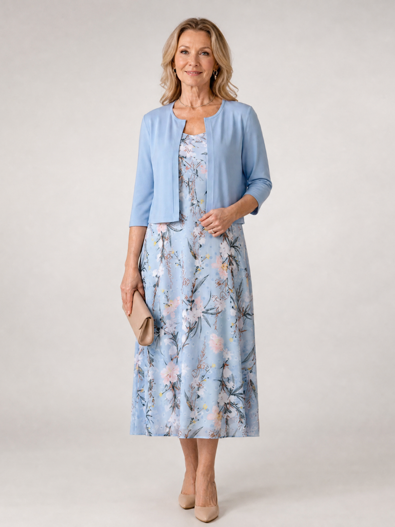 Celeste | Vestido midi con estampado floral y chaqueta corta sin mangas a juego