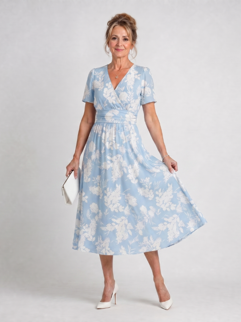 Marion | Vestido midi con estampado floral, escote en V y mangas cortas