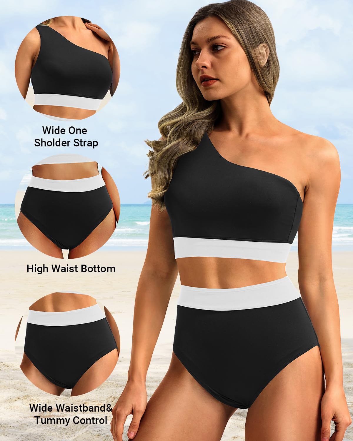 Danae & Melina - Conjunto de bikini de cintura alta con un solo hombro, efecto moldeador - Negro y blanco