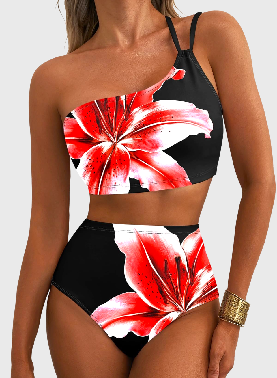 Danae & Melina - Conjunto de bikini de cintura alta con un solo hombro y estampado floral, efecto moldeador