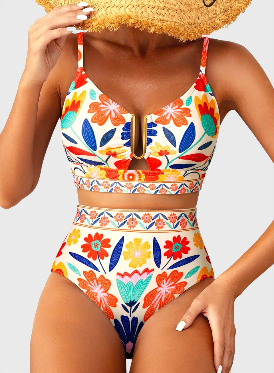Danae & Melina - Bikini de dos piezas verano 2026, corte en U, cintura alta - Floral naranja