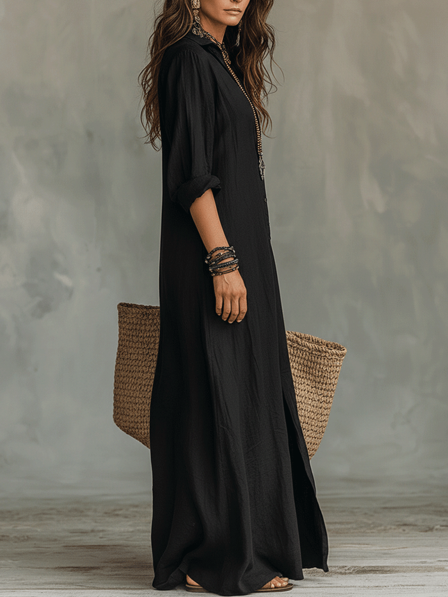 Nyx | Black Button-Front Bohemian Shirt Maxi Dress