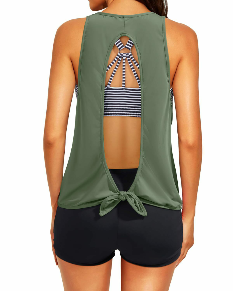Danae & Melina - Tankini de 3 piezas con cuello redondo y tiras cruzadas - Rayas verde militar