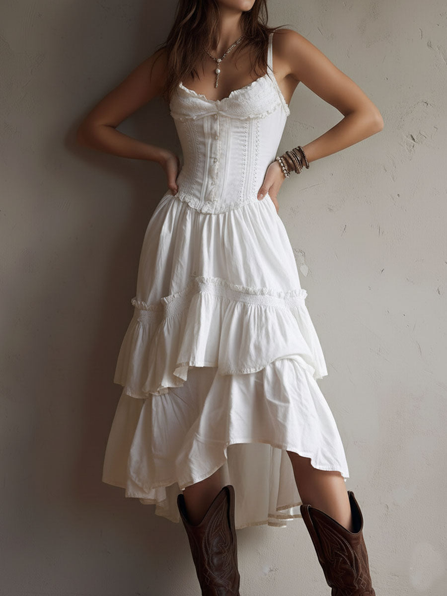 Rhea | Retro Boho Corset Tiered Midi Dress With Lace-Trim