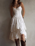 Rhea | Retro Boho Corset Tiered Midi Dress With Lace-Trim
