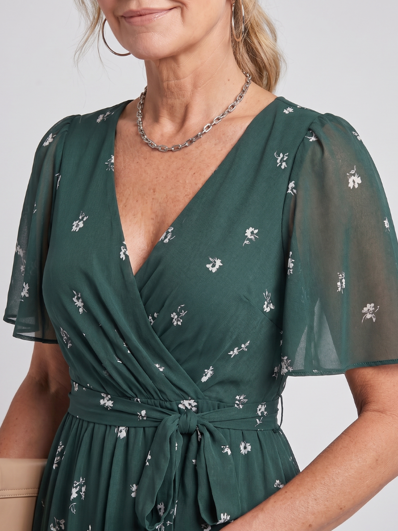 Mirabel | Vestido midi con estampado floral, mangas con volante y cintura fruncida