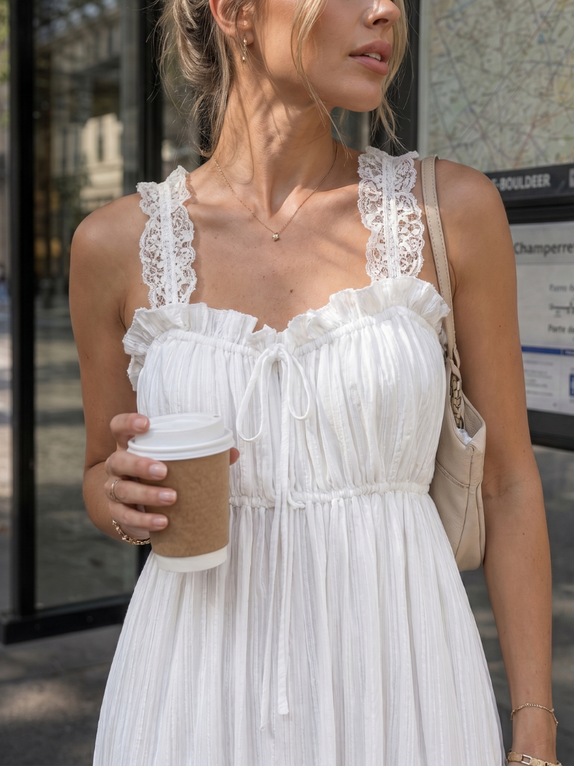 Leach | Vestido midi sin mangas, con tirantes con volantes y falda vaporosa