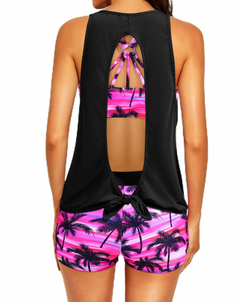 Danae & Melina - Tankini de 3 piezas con cuello redondo y tiras cruzadas - Palmeras rosas sobre negro