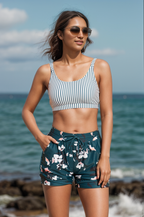Danae & Melina - Conjunto de bikini deportivo a rayas con cuello cuadrado, tirantes anchos y pantalón corto