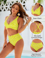 Danae & Melina - Conjunto de bikini de cintura alta con bordado floral, cuello en V y efecto moldeador