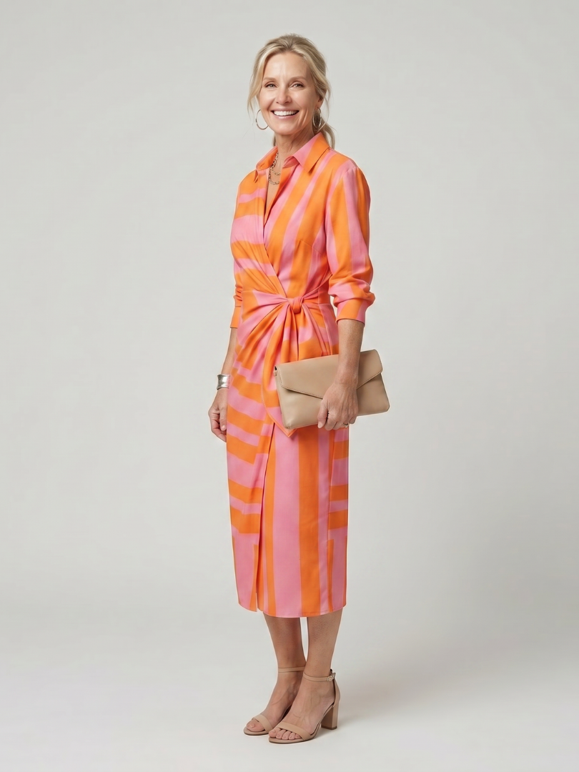 Leya | Vestido midi cruzado de rayas, con cuello camisero y mangas largas
