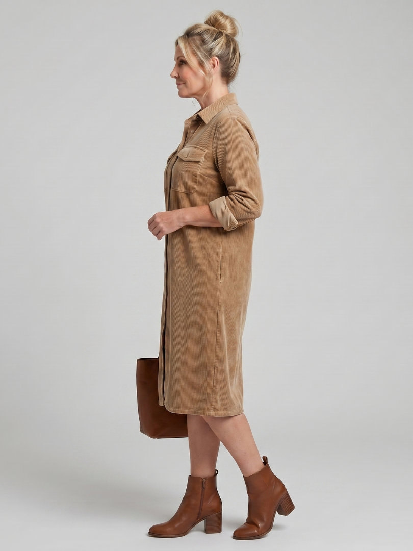 Pema | Vestido midi de manga larga con bolsillos tipo parche