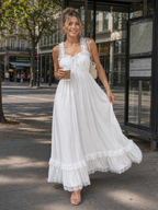 Leach | Vestido midi sin mangas, con tirantes con volantes y falda vaporosa