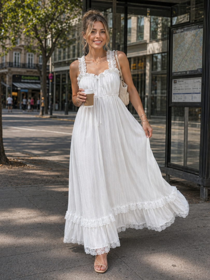 Leach | Vestido midi sin mangas, con tirantes con volantes y falda vaporosa