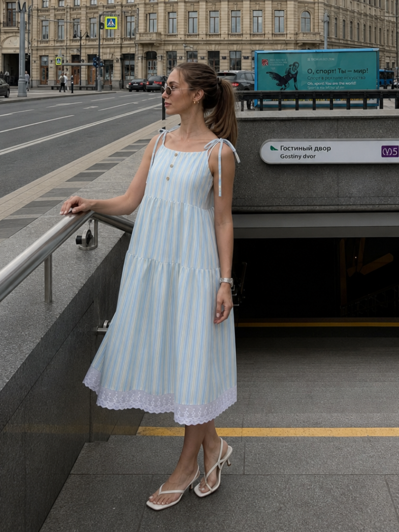 Nathalia | Vestido midi de tirantes anudables con estampado de rayas