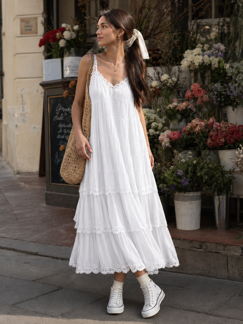 Lorelei | Vestido midi de tirantes finos con capas escalonadas de encaje