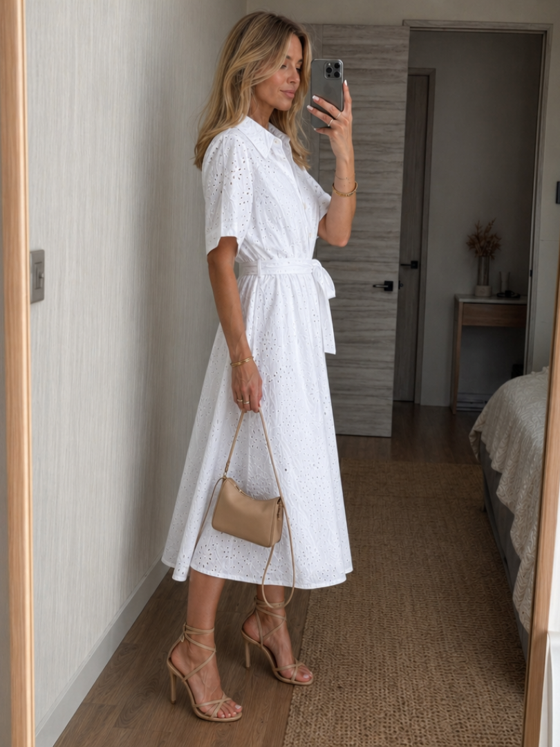 Eden | Vestido midi de manga corta con botones delanteros y fajín con lazo en la cintura
