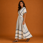 GENEVIEVE | Vestido midi con escote en V, mangas cortas y cintura cruzada