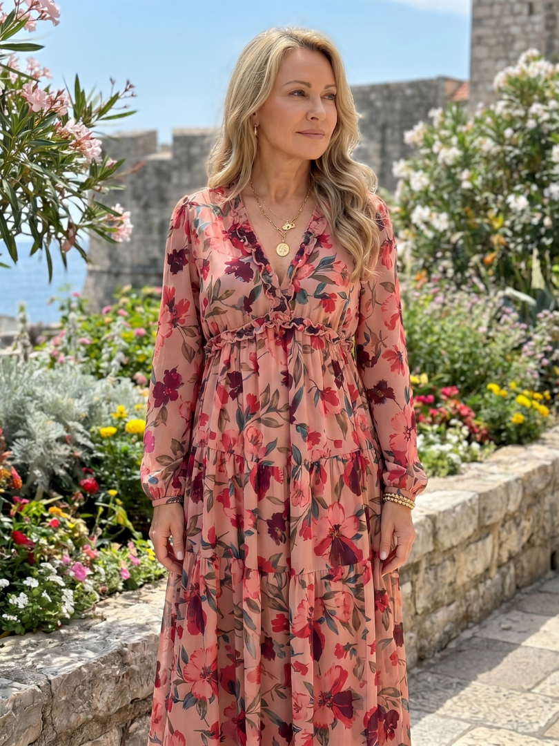 Camelia | Μάξι φόρεμα με φλοράλ στάμπα, μακριά μανίκια και φούστα με βολάν